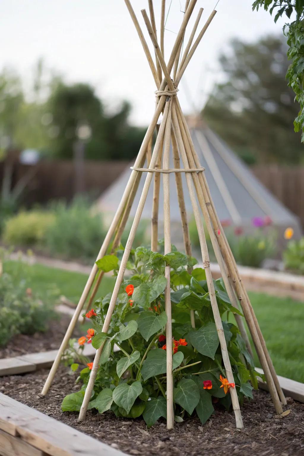 Elevate your plot with an elegant bamboo teepee trellis, suited for showcasing scaling plants.