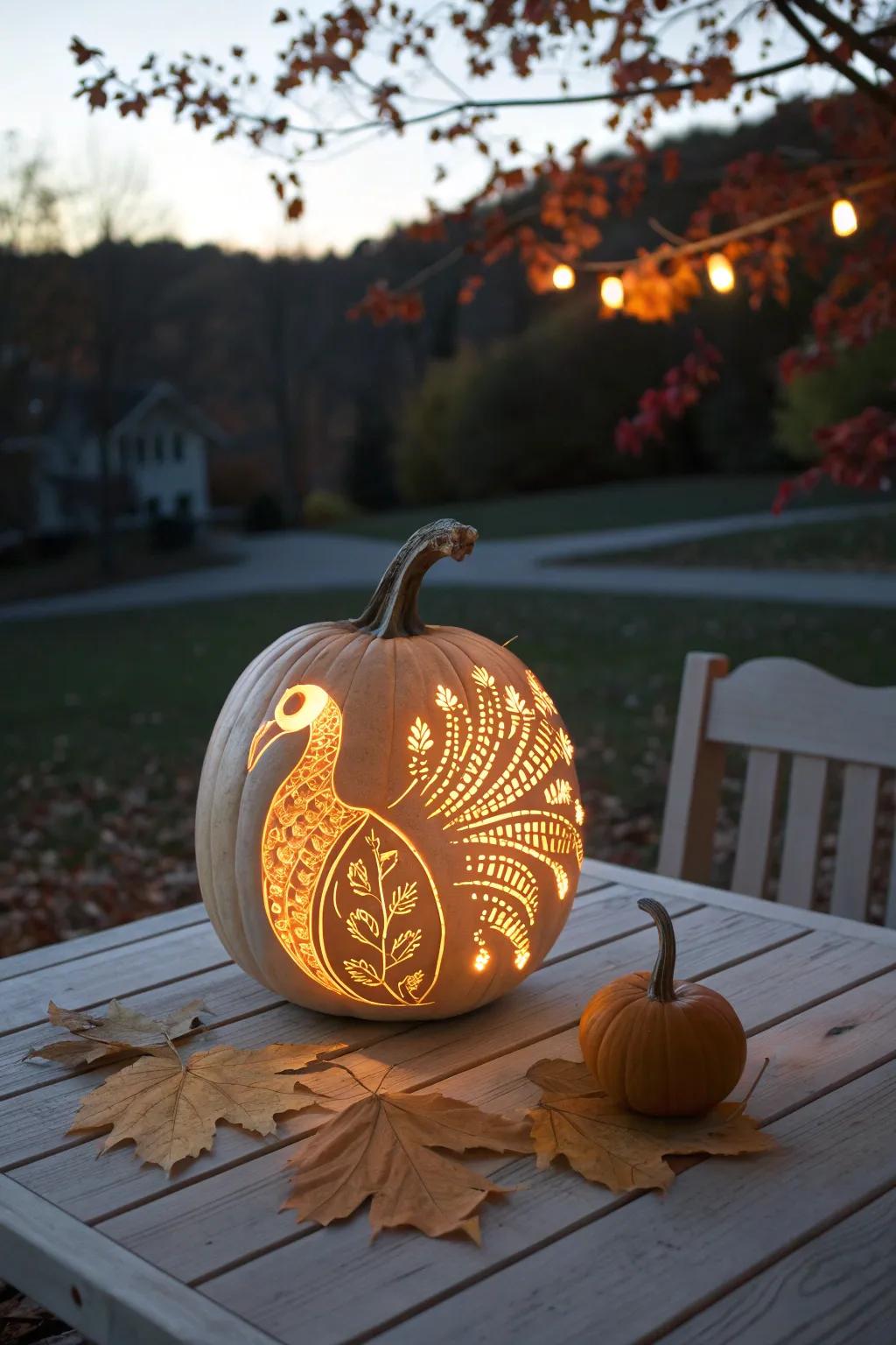 Illuminate your autumnal nights with this magical luminescent turkey pumpkin etching.