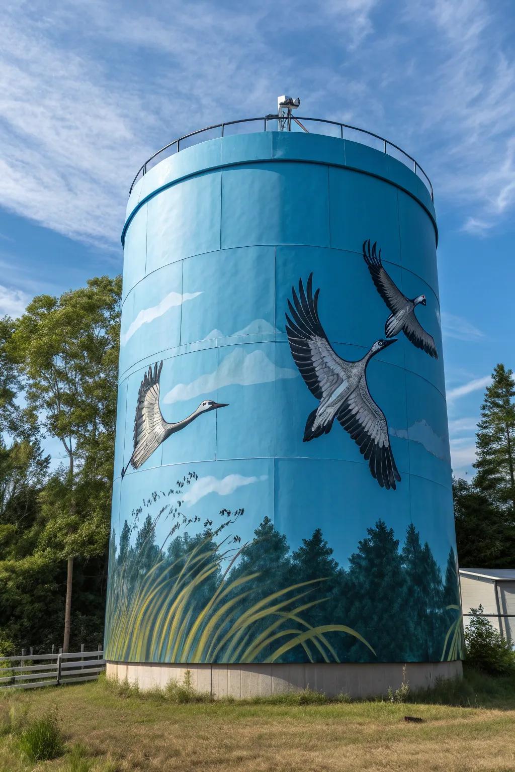 Experience the elegance of wildlife in motion using this striking bird mural on a water container, where art converges with nature.