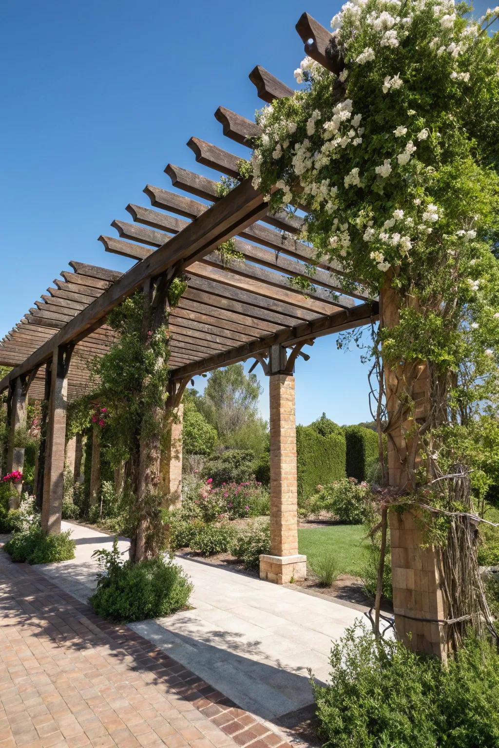 Experience serenity with a pergola that harmoniously blends nature and craftsmanship.