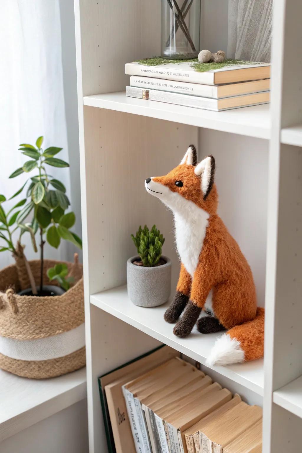 Add a whimsical element to your space with this charming felted fox, ideal for a minimalist aesthetic.