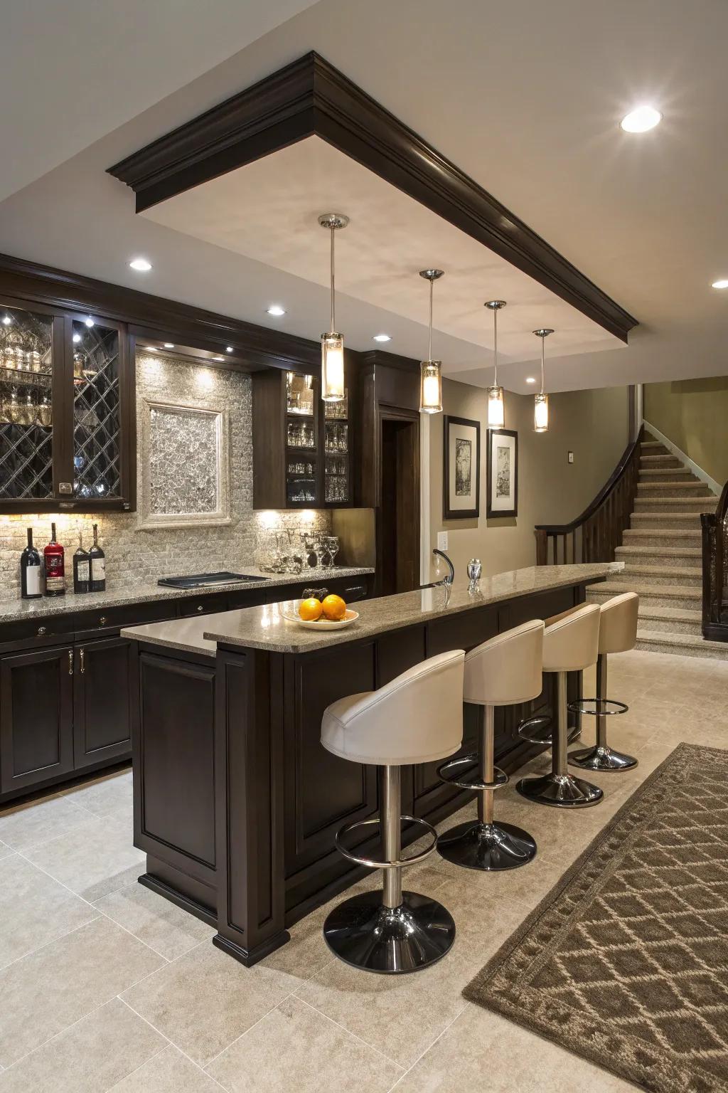 A home bar introduces a hint of sophistication to a basement.