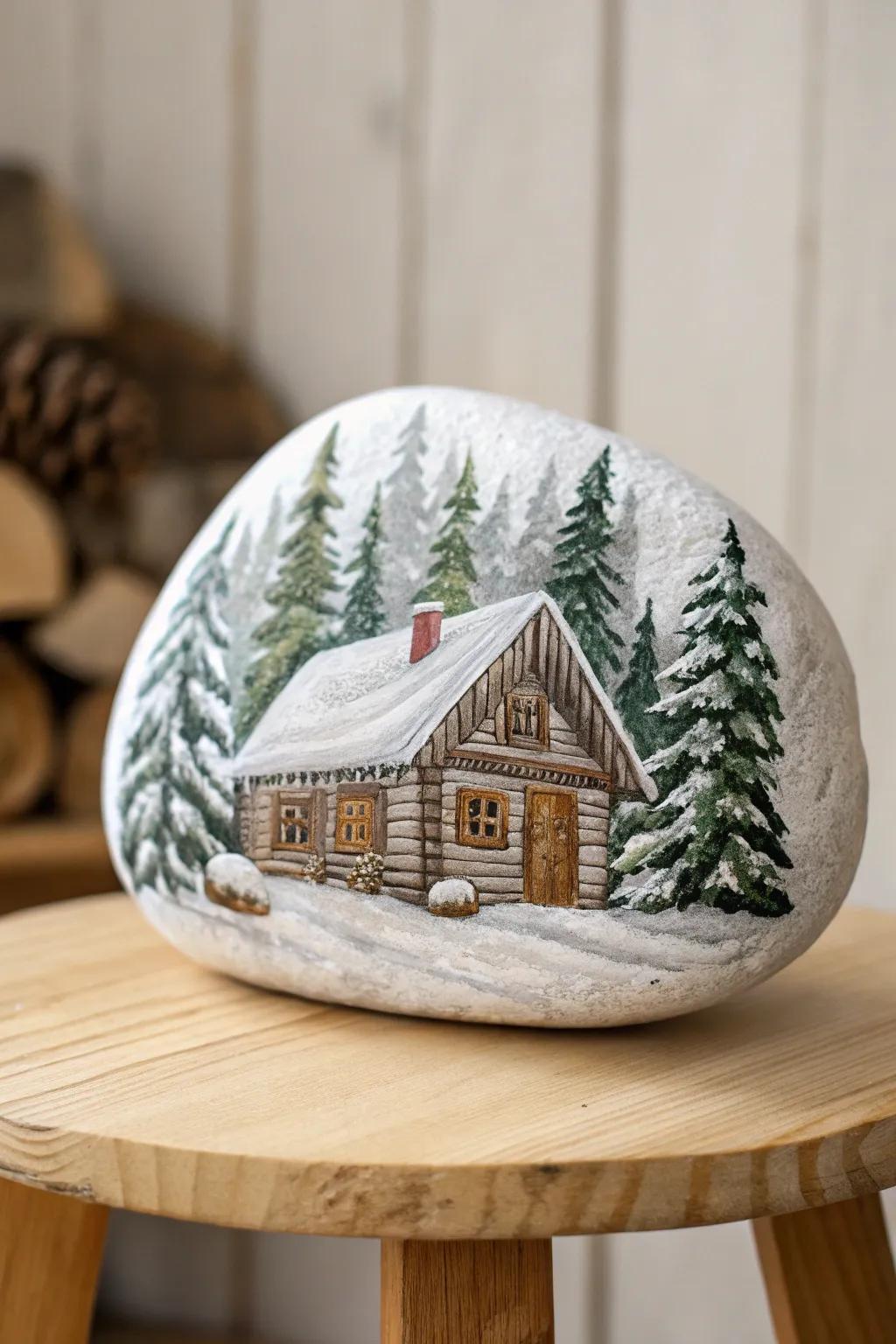 Escape to a serene winter wonderland with this charming cabin rock art. ❄️🏡 #WinterCrafts #MinimalistArt