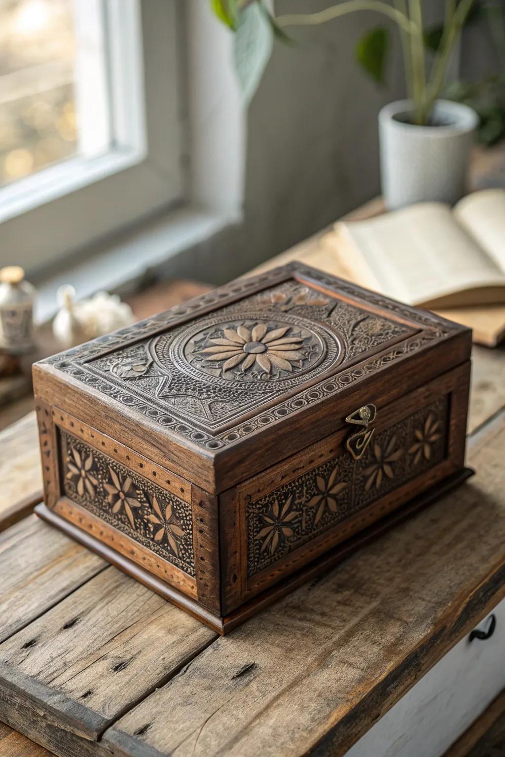 A masterpiece of artistry: Safeguard your treasures in style with this etched timber chest.