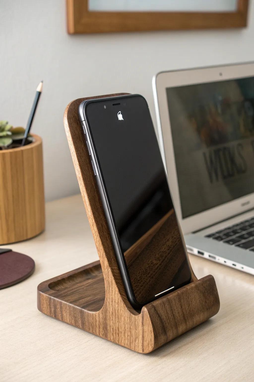 Refine your workspace via this exquisitely crafted timber device mount - where utility complements ingenuity.