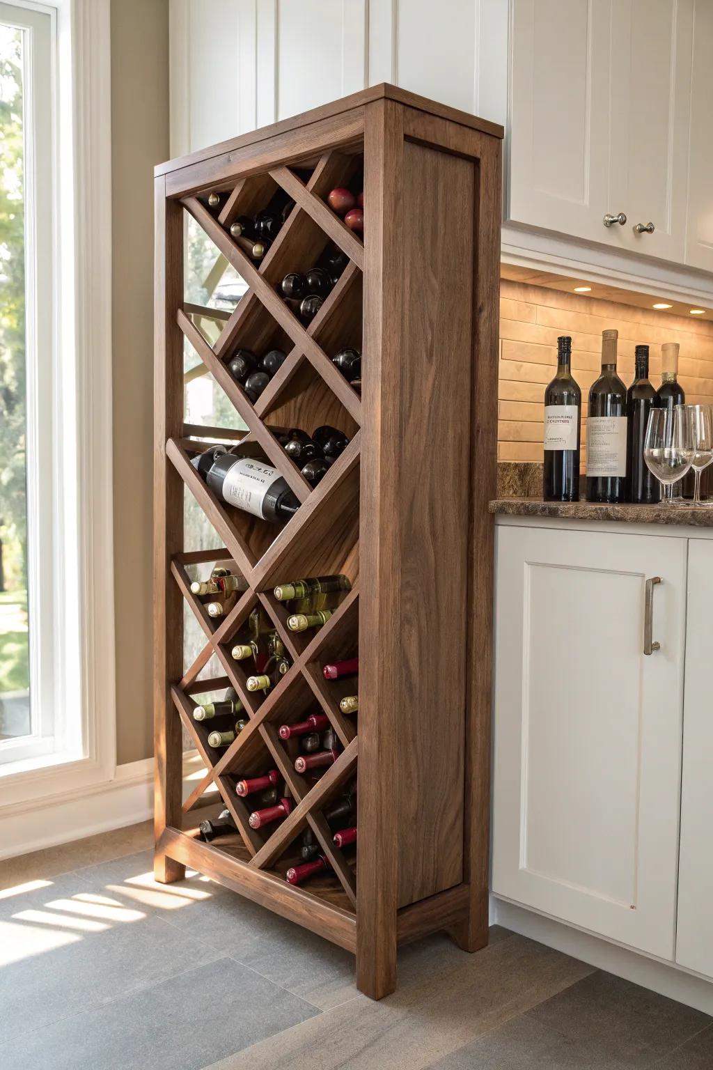 Elevate your space with this chic wooden wine display, a masterpiece of modern craftsmanship.
