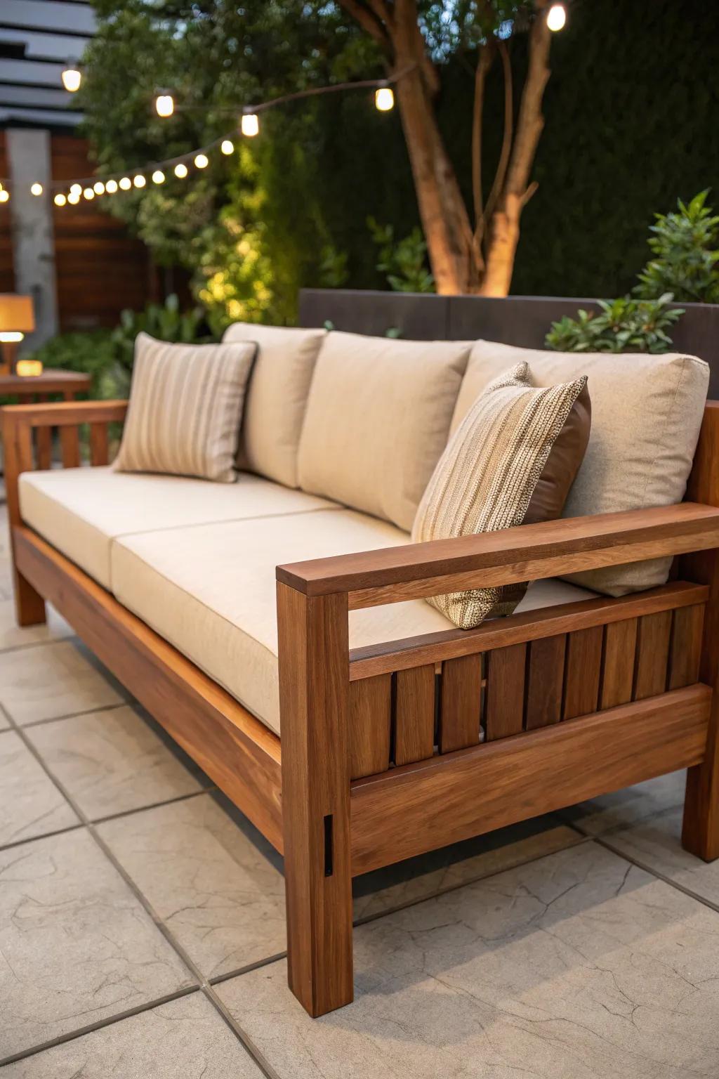 Enhance your veranda with a handcrafted cedar wood couch, ideal for summer gatherings.