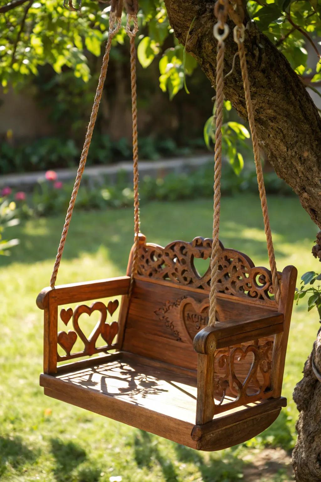 Artistry in Motion: A captivating handcrafted wooden swing featuring heart-shaped motifs, a delightful addition to any garden.