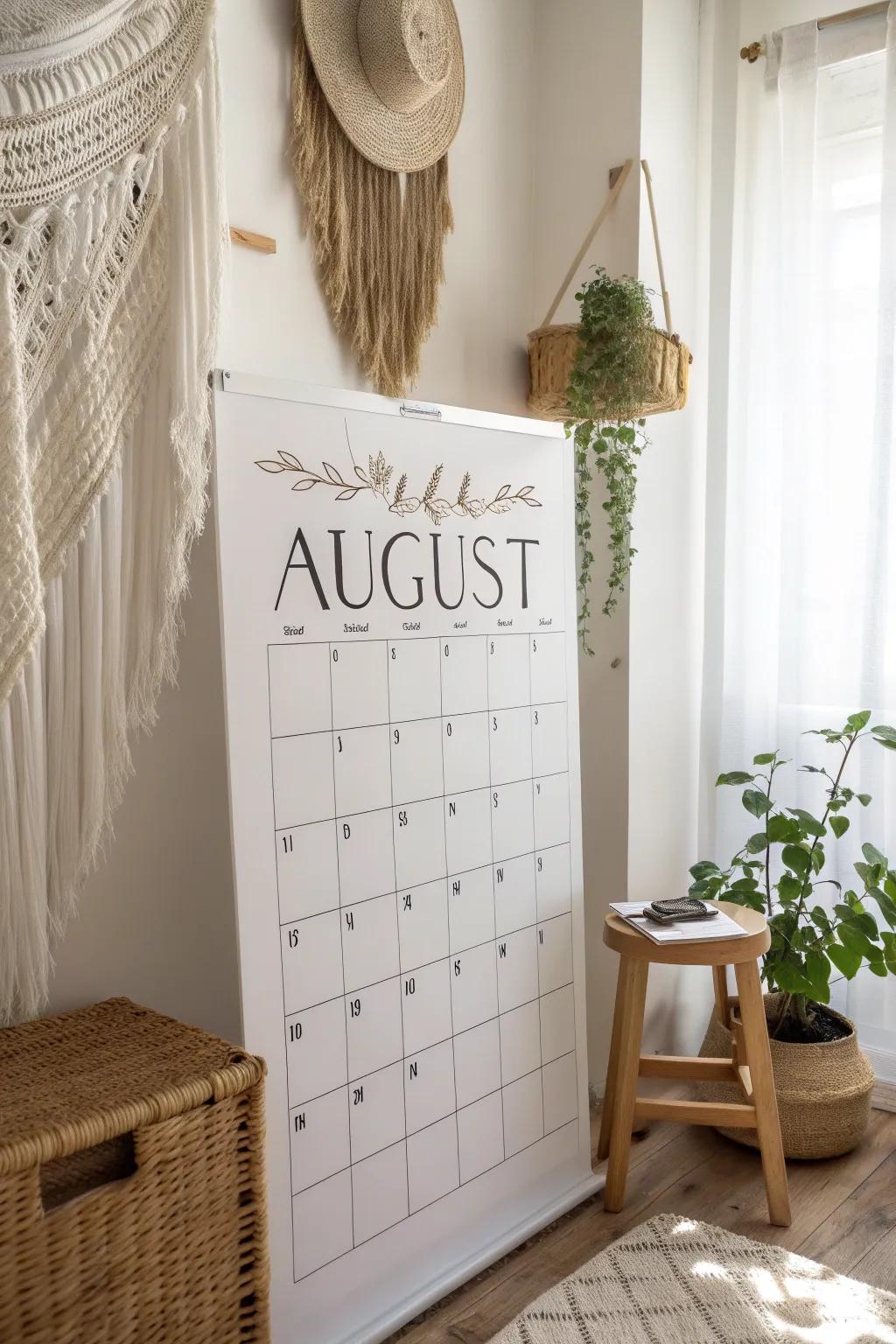 Transform your August with fashionable fonts and a hint of minimalist elegance on your whiteboard calendar.