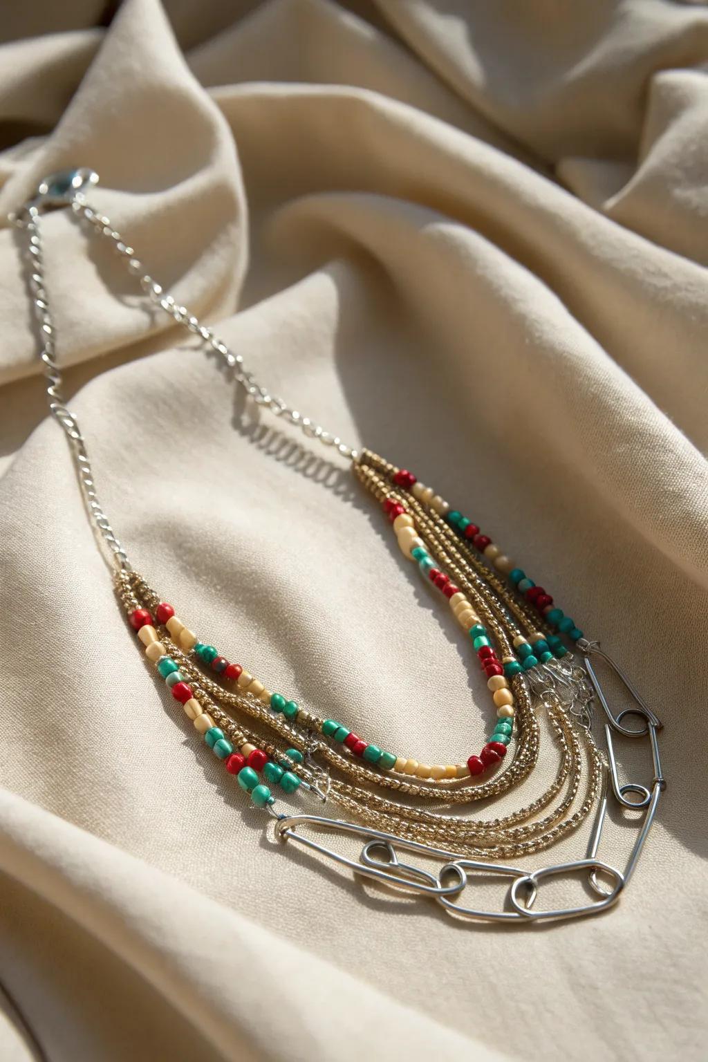Transform everyday items into artistic expressions with this chic safety pin necklace!
