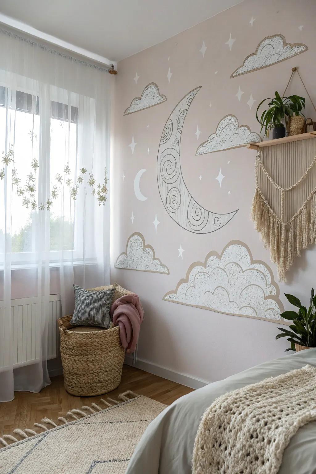 Transform your bedroom into an ethereal sanctuary with a minimalist cloudscape mural, blending Scandinavian simplicity with boho charm.