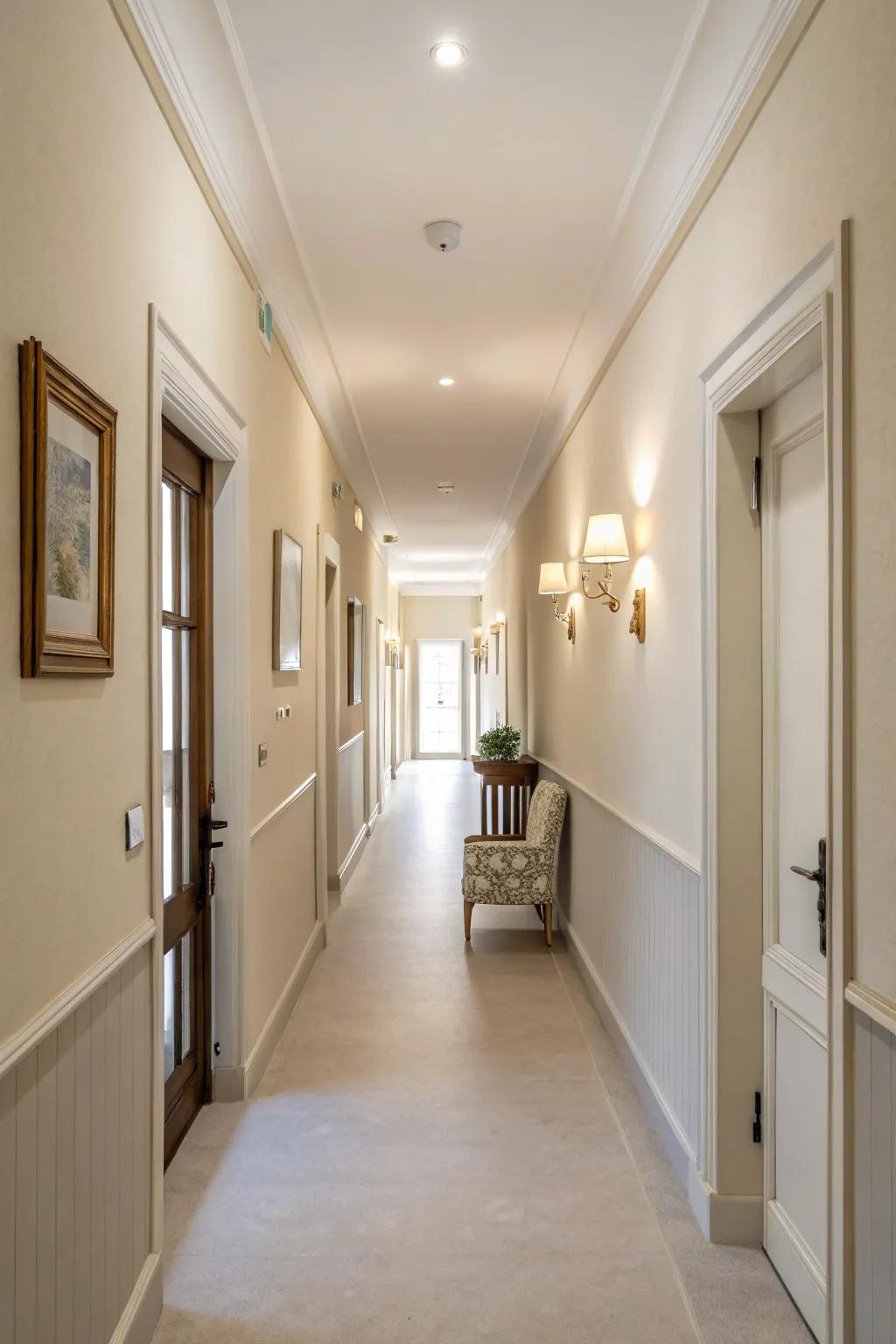 Light, neutral hues produce an airy and expansive corridor.