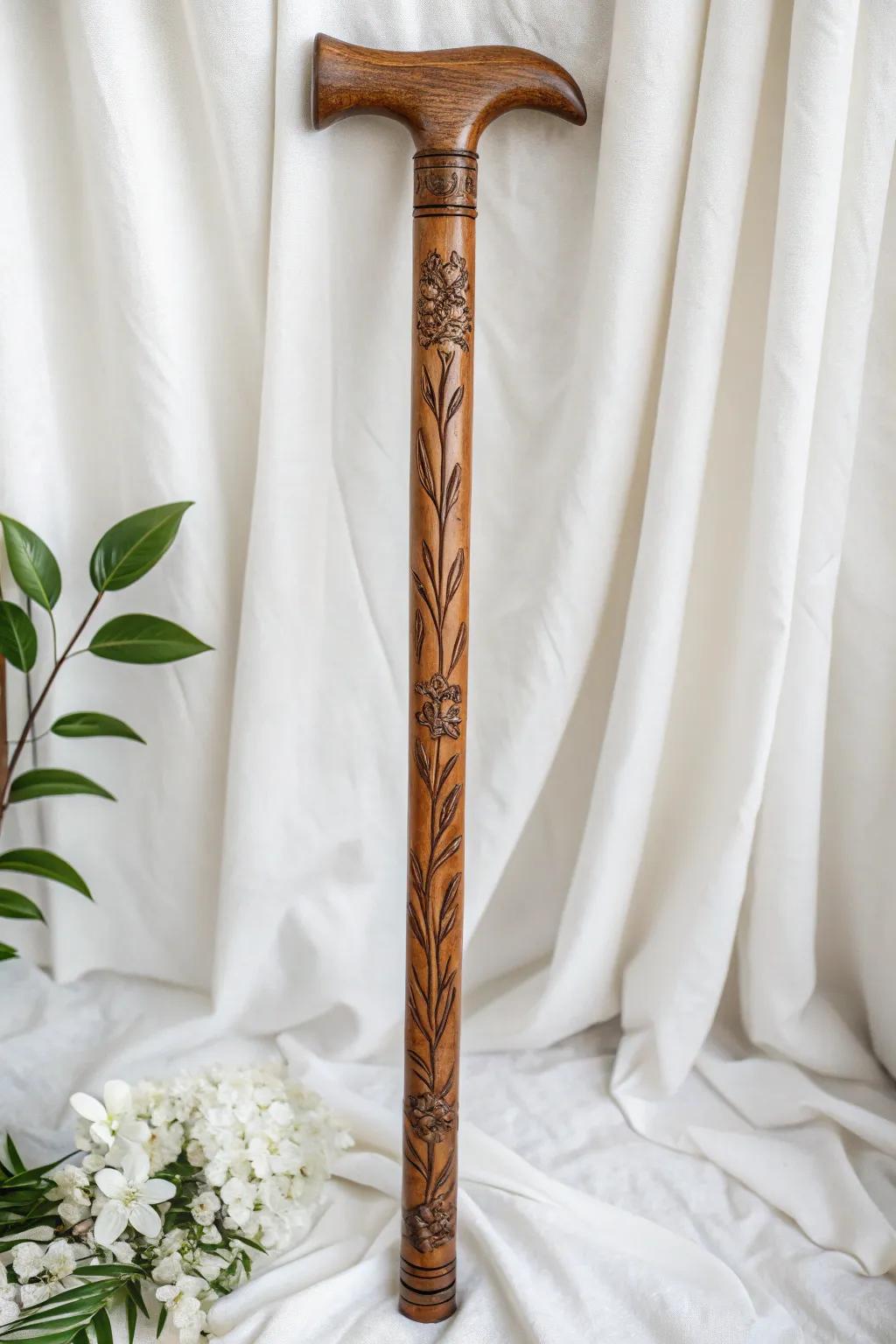 Elevate your walking stick with delicate botanical carvings for a hint of artisanal beauty.