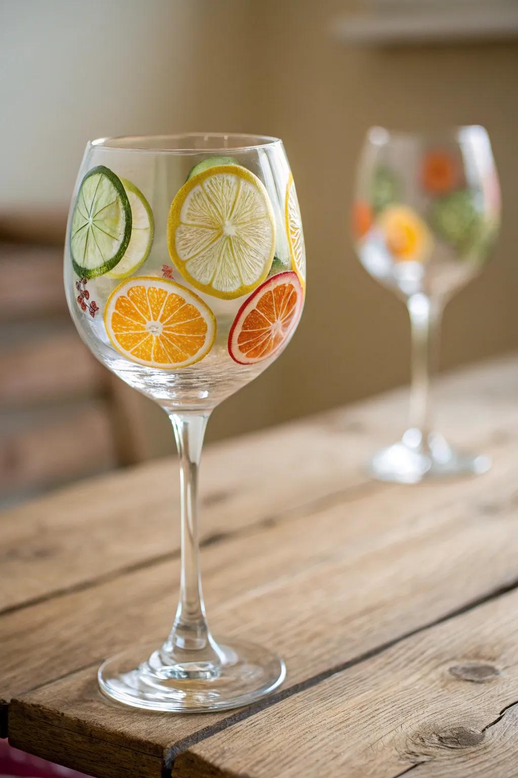Drink in style with this chic, citrus-inspired wine glass pattern. Embrace the invigorating, summery ambiance!