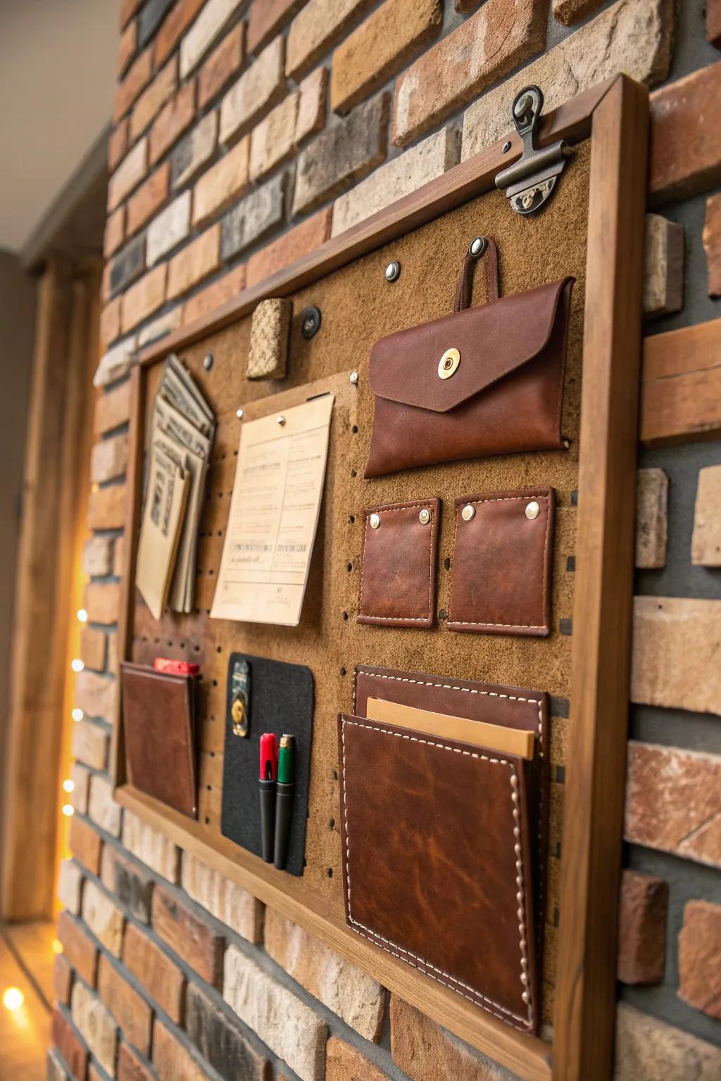 Engage your space with this handcrafted brick bulletin board, where every pocket and flap invites interaction and creativity.