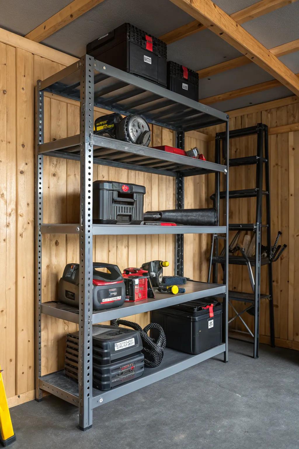 Improve your shed's organisation with durable metal shelving – where strength meets style.