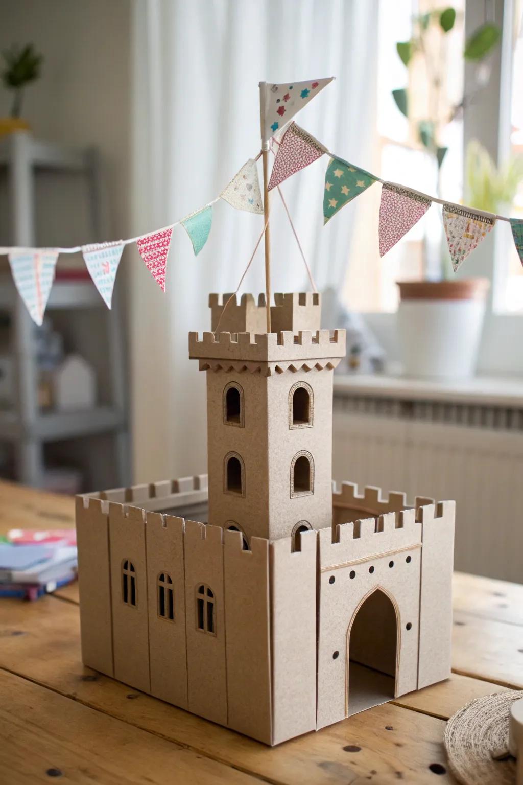 Bestow a semblance of whimsy upon your DIY cardboard citadel via fluttering textile standards 🌿✨ #ScandinavianAesthetics #BohemianElegance