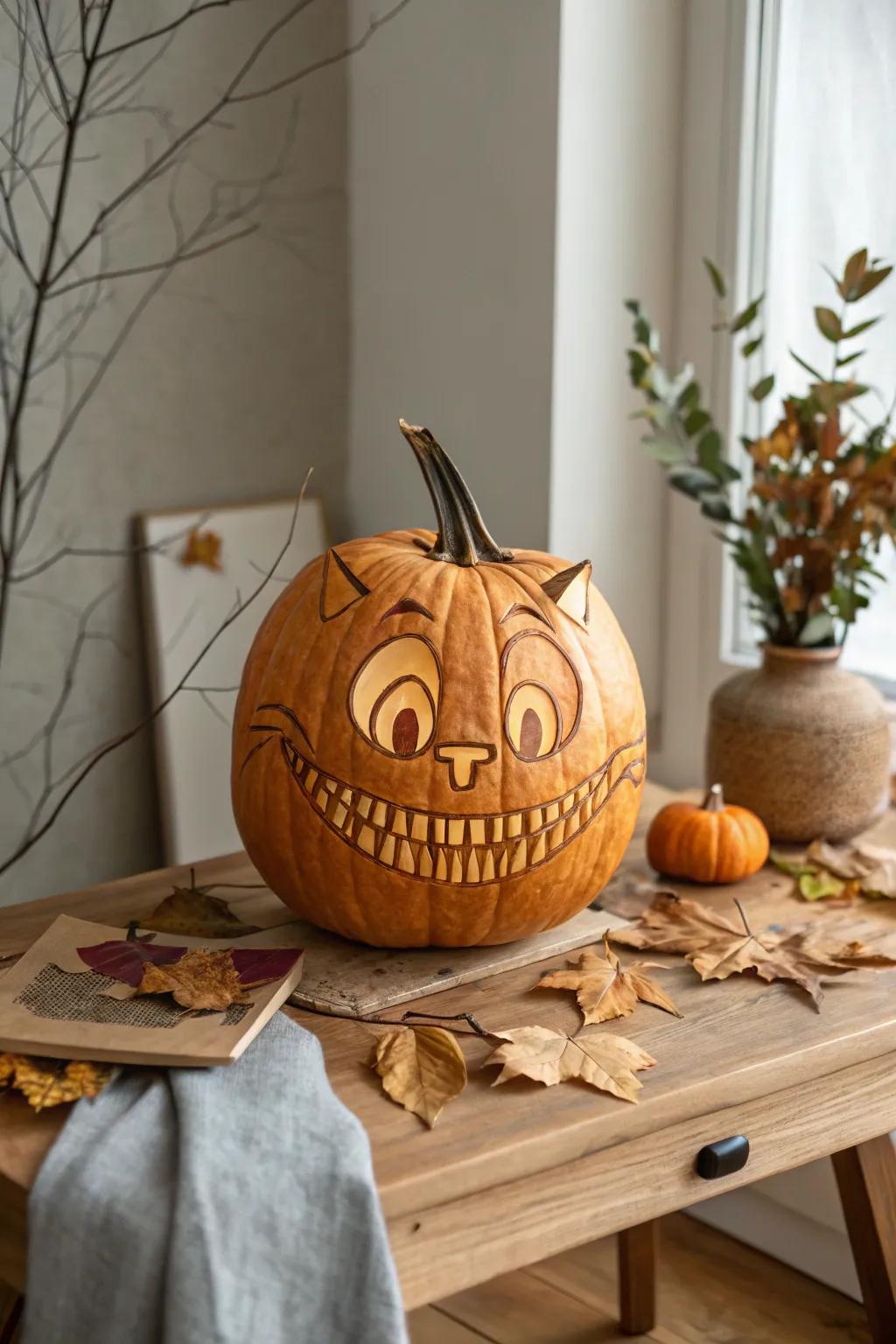 Introduce a hint of whimsy to your autumn décor with this Cheshire Feline pumpkin sculpting—simplicity meets playfulness in flawless harmony.
