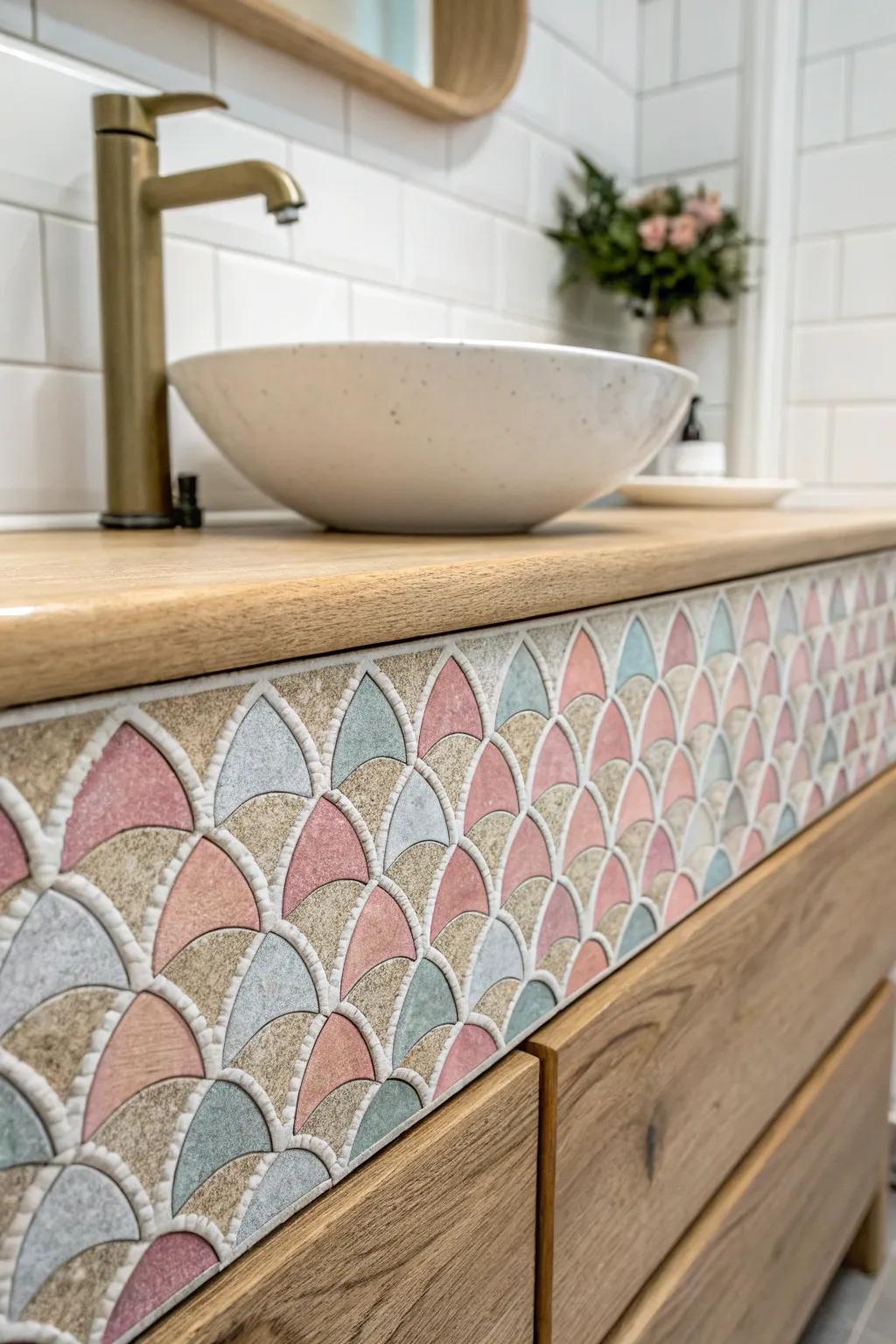 Transform your bathroom into a serene sanctuary with a mosaic tile backsplash that exudes elegance and charm.