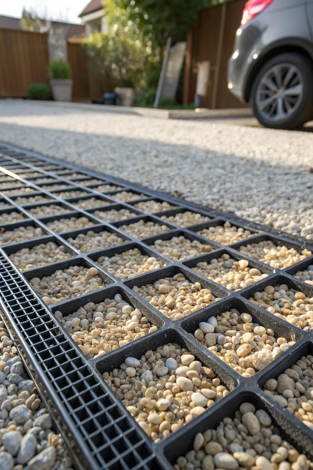Transform your driveway with a self-installed porous grid arrangement for effortless maintenance and enhanced drainage.
