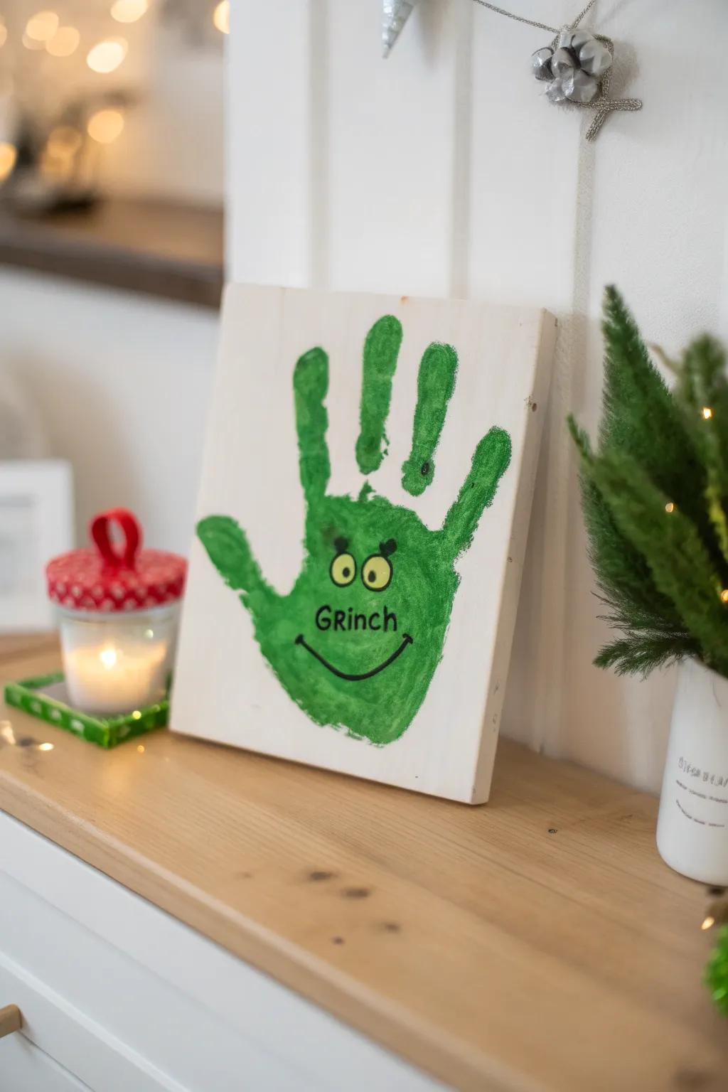 Add a playful twist to your holiday decor with this charming Grinch handprint art!