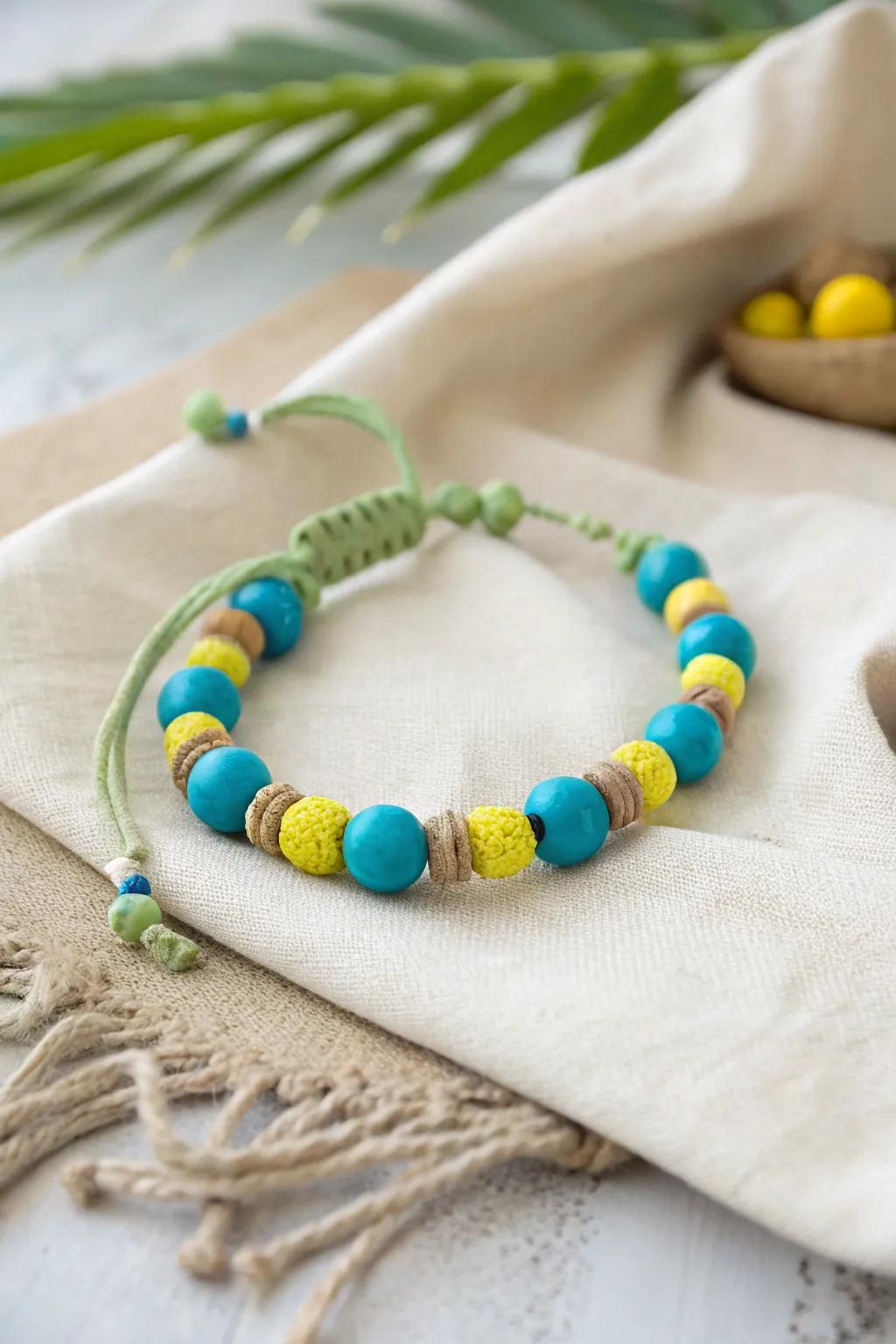 Capture the exotic coastline vibes with this artisanal clay bead bracelet, a flawless synthesis of azure, chartreuse, and verdant for a summery aesthetic.