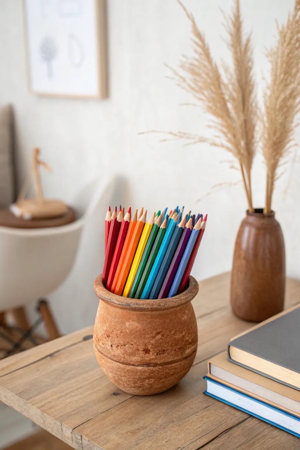 Orchestrate your atelier through panache: Kaleidoscopic pigments converge with understated elegance within this handcrafted earthenware container.