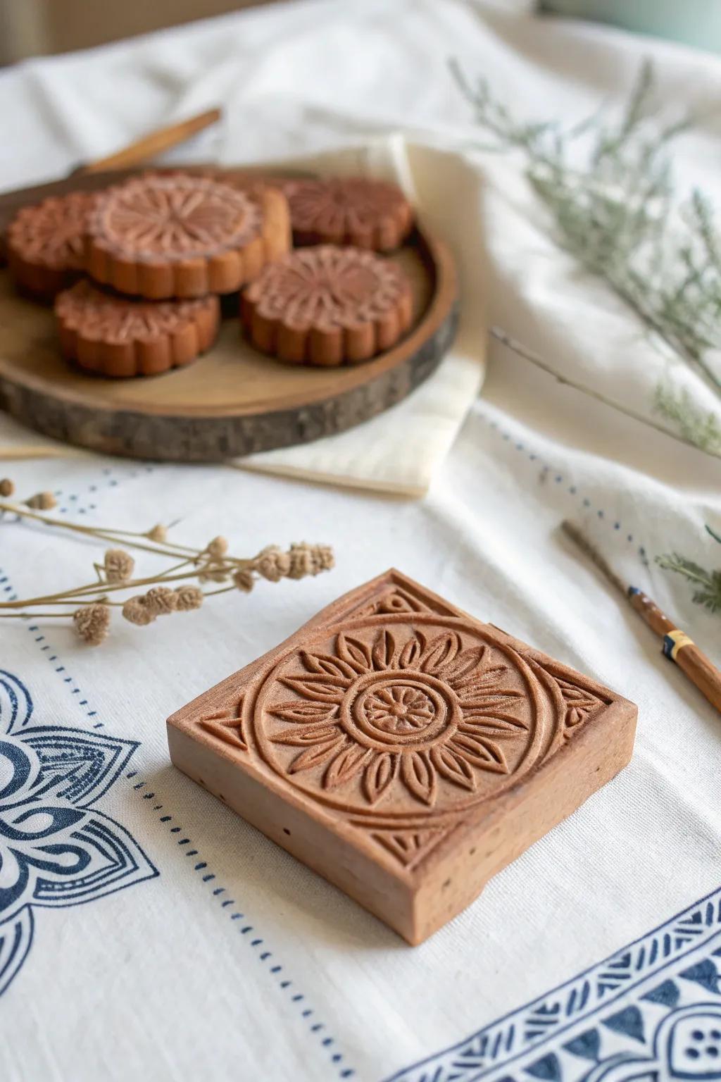 Transform your textiles with clay stamping art – where Scandinavian design meets bohemian expression.