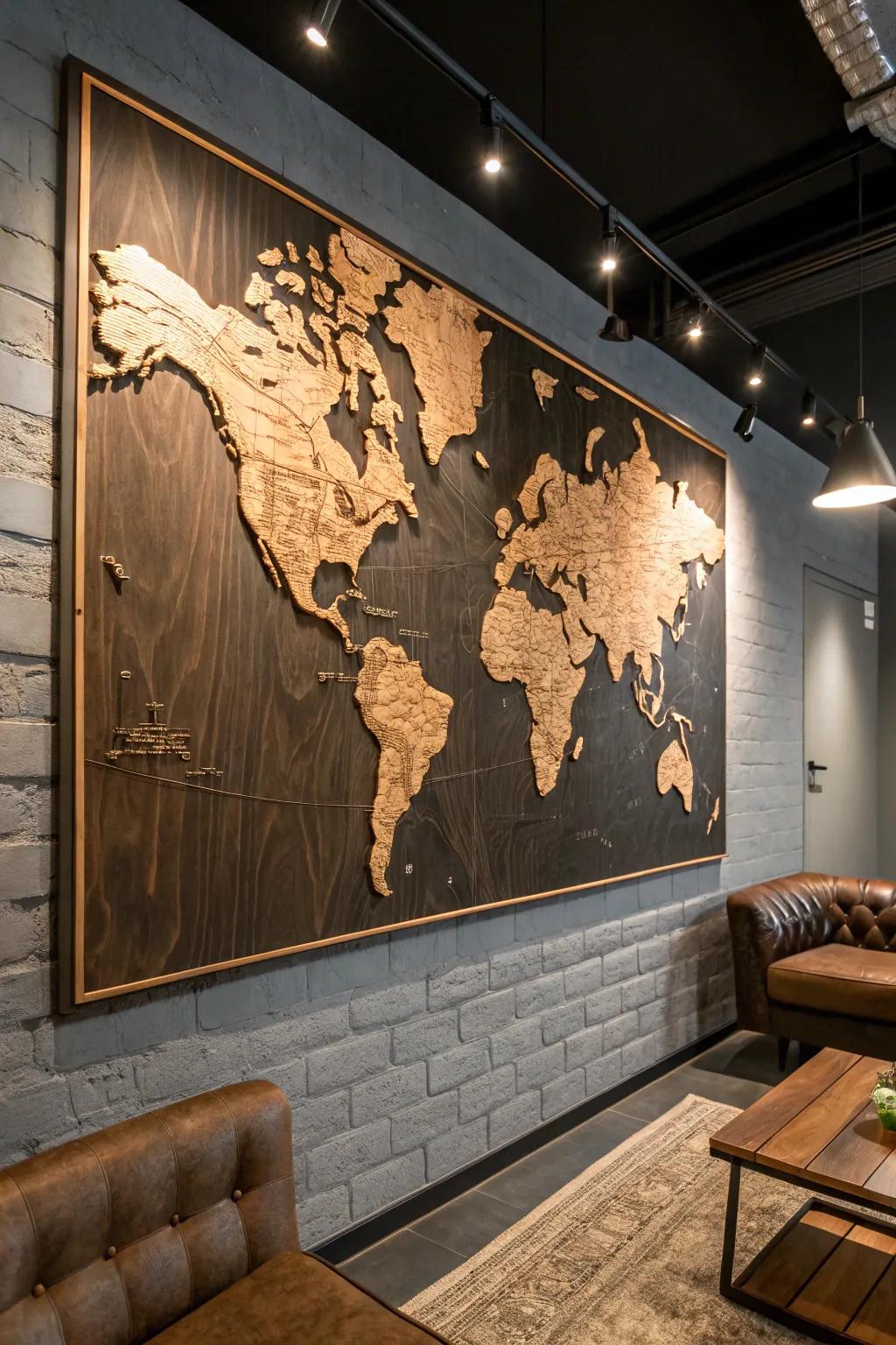 Journey the world from your hallway with this masterfully carved timber map.