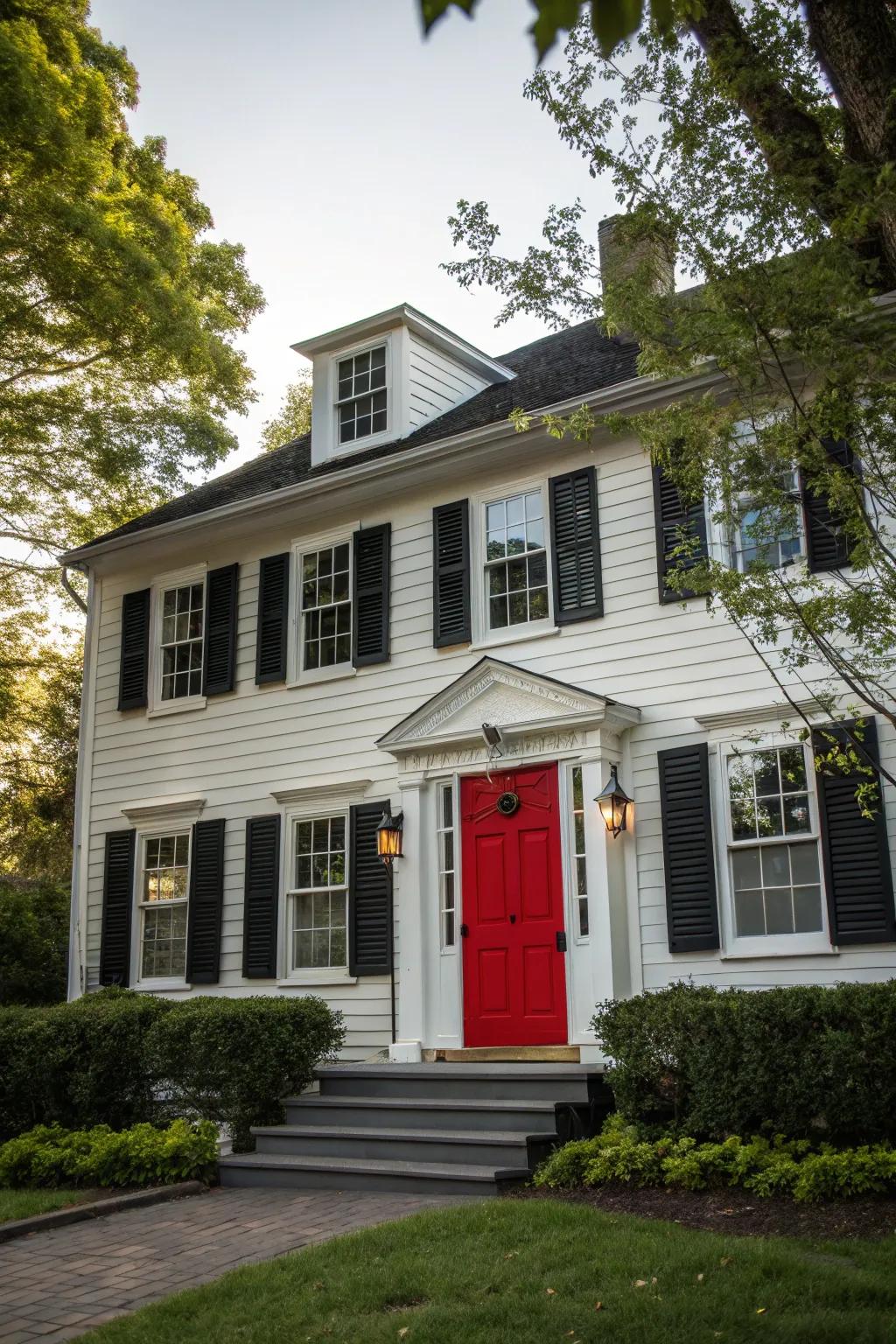 A crimson door provides a striking and conventional accent to any colonial home.