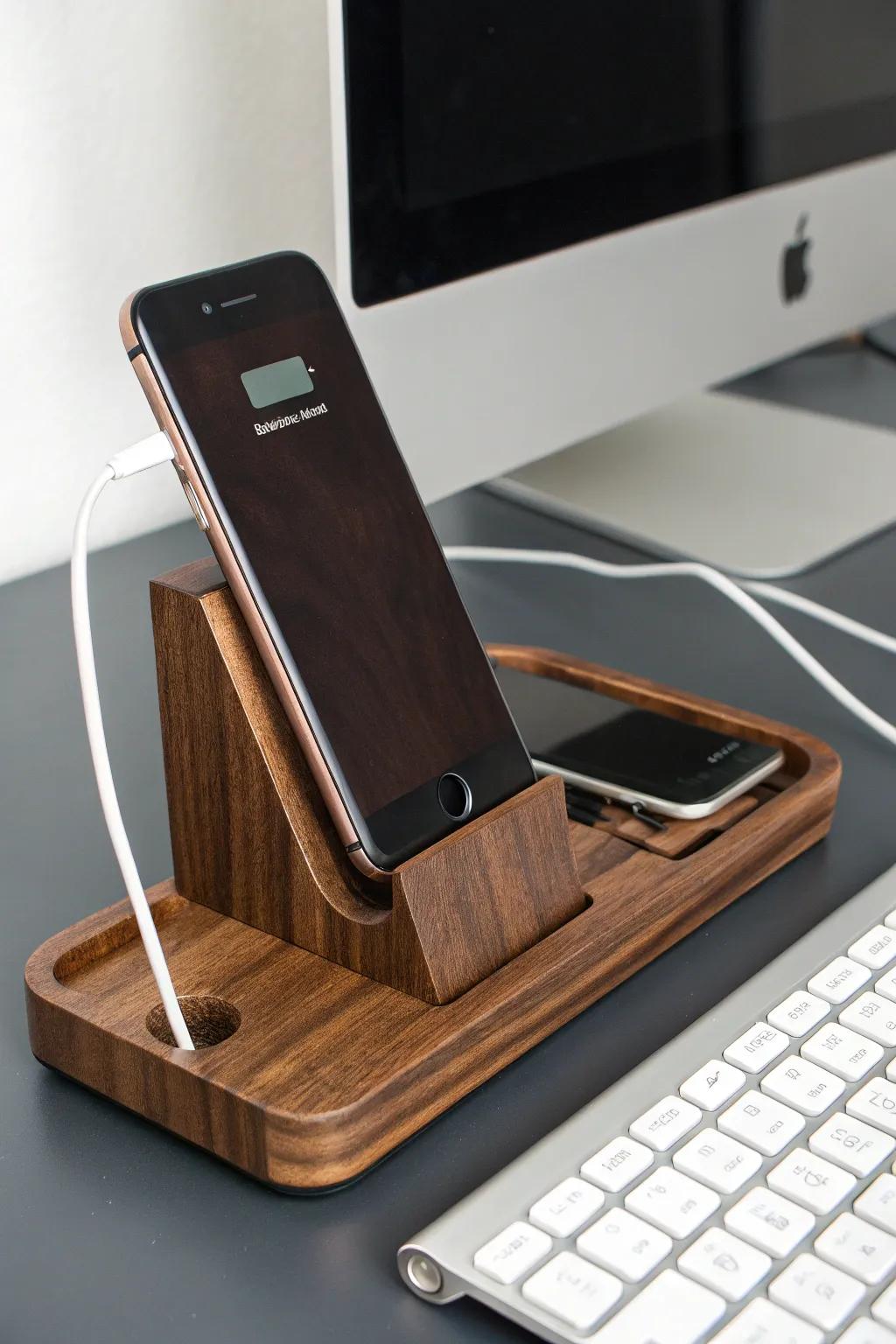 Improve your desk with a handcrafted wood gadget support that unifies usefulness with style.