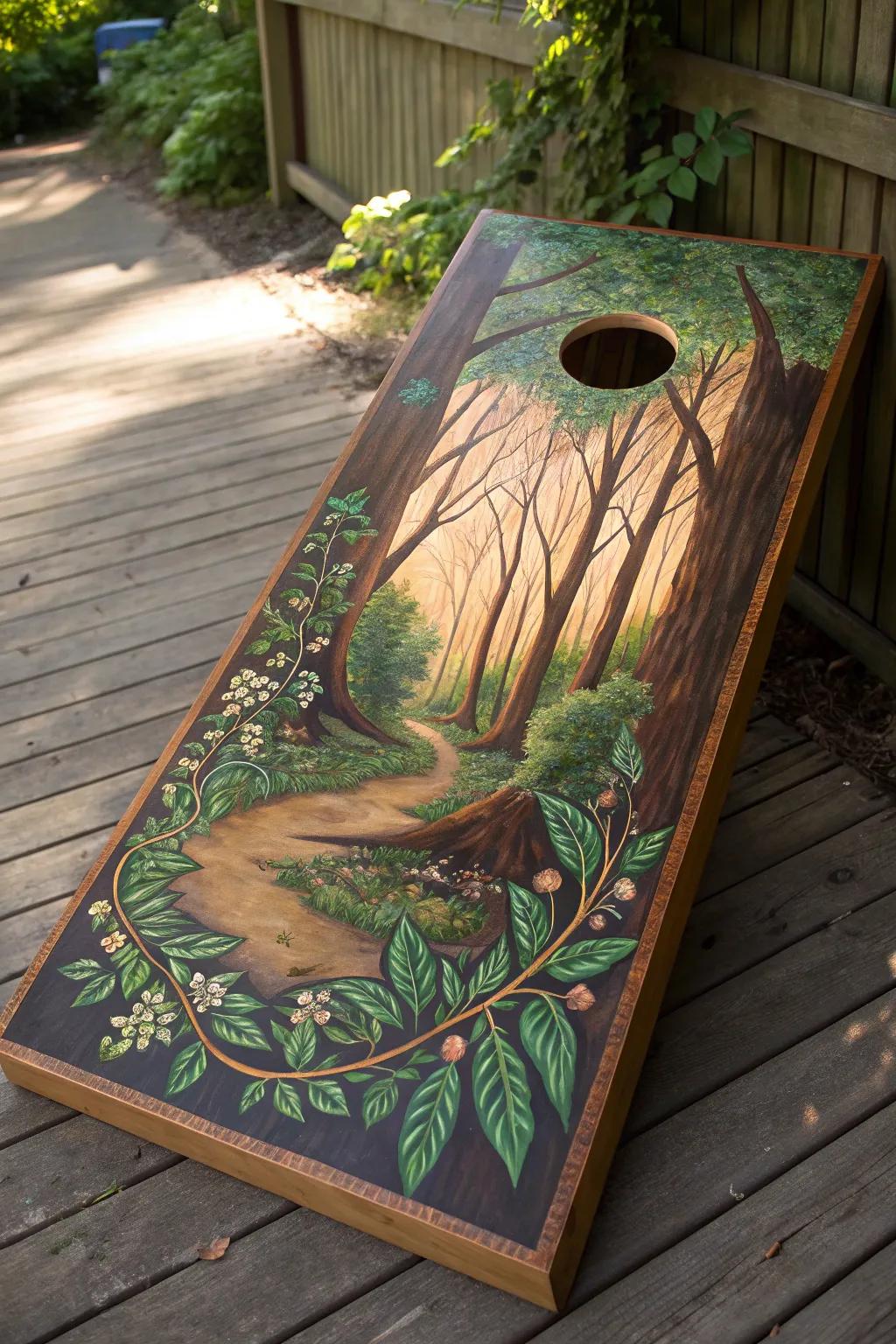 Embrace the outdoors through this expertly fabricated nature-stimulated cornhole board configuration.