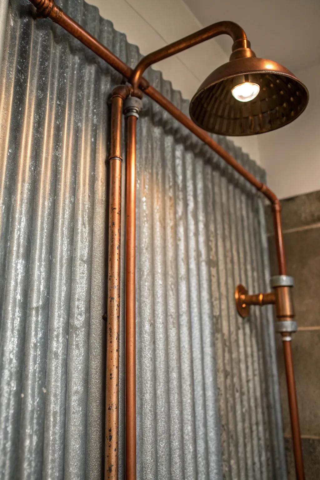 Elevate your shower area with the raw beauty of exposed pipes against corrugated metal.