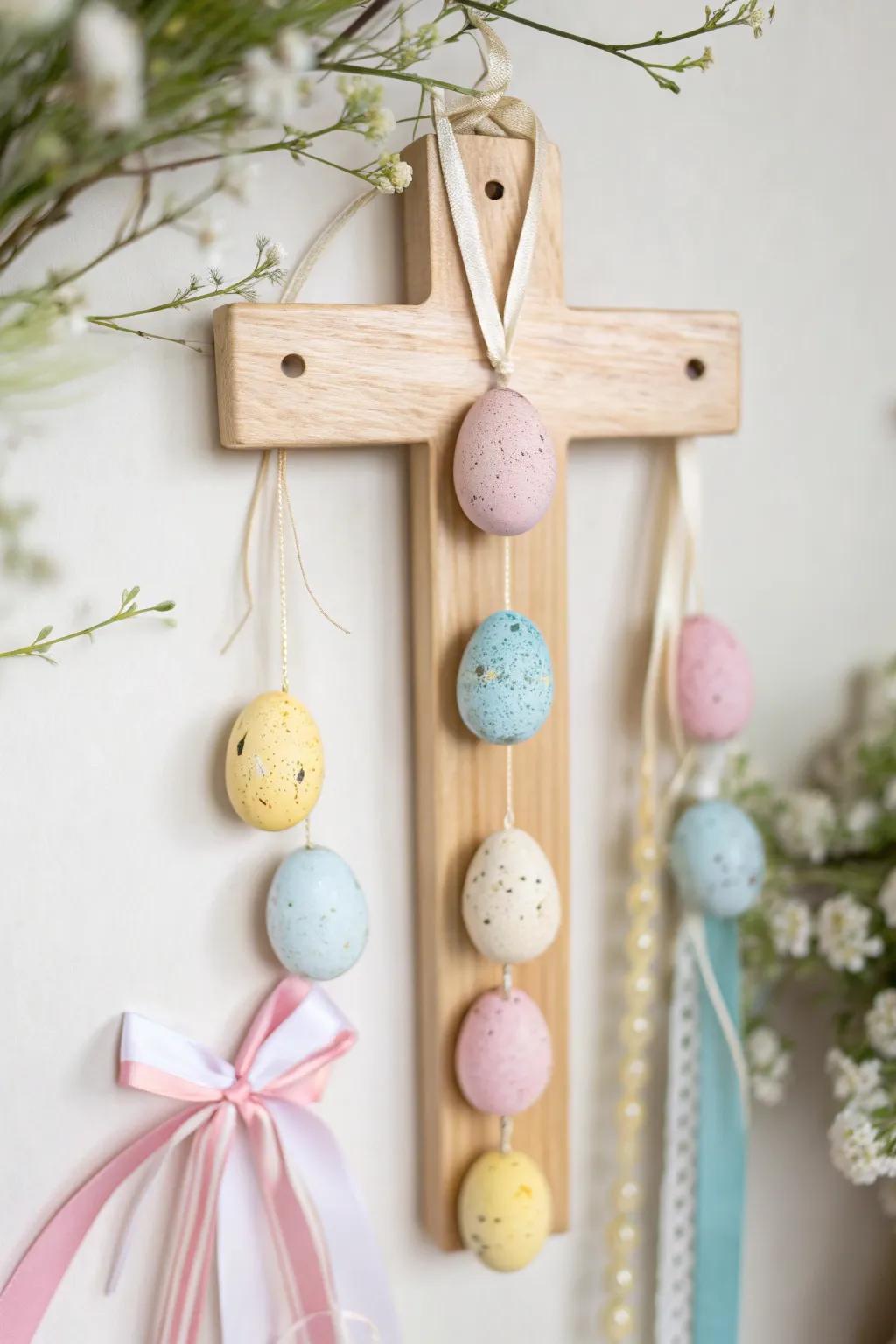 Celebrate the charm of Easter using a Scandinavian-inspired cross door decoration adorned with pastel eggs and ribbons, ideal for incorporating a touch of joy and craftsmanship into your home.