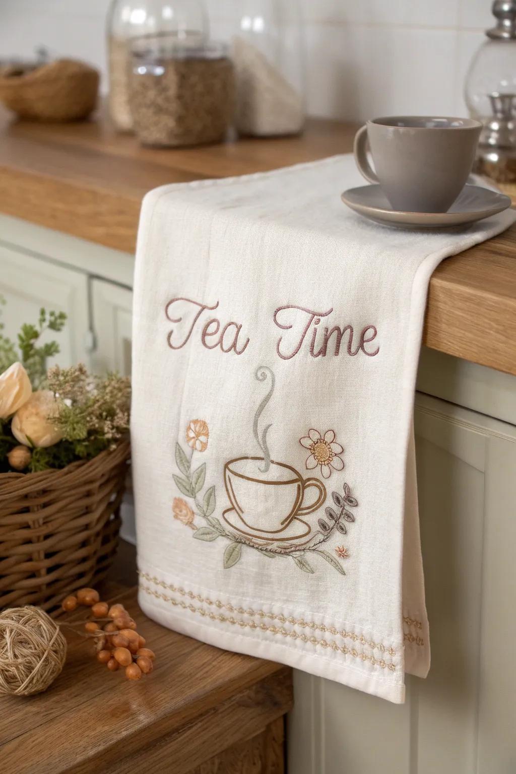 Infuse a handcrafted charm into your culinary space with this exquisitely cross-stitched 'Tea Time' linen napkin.