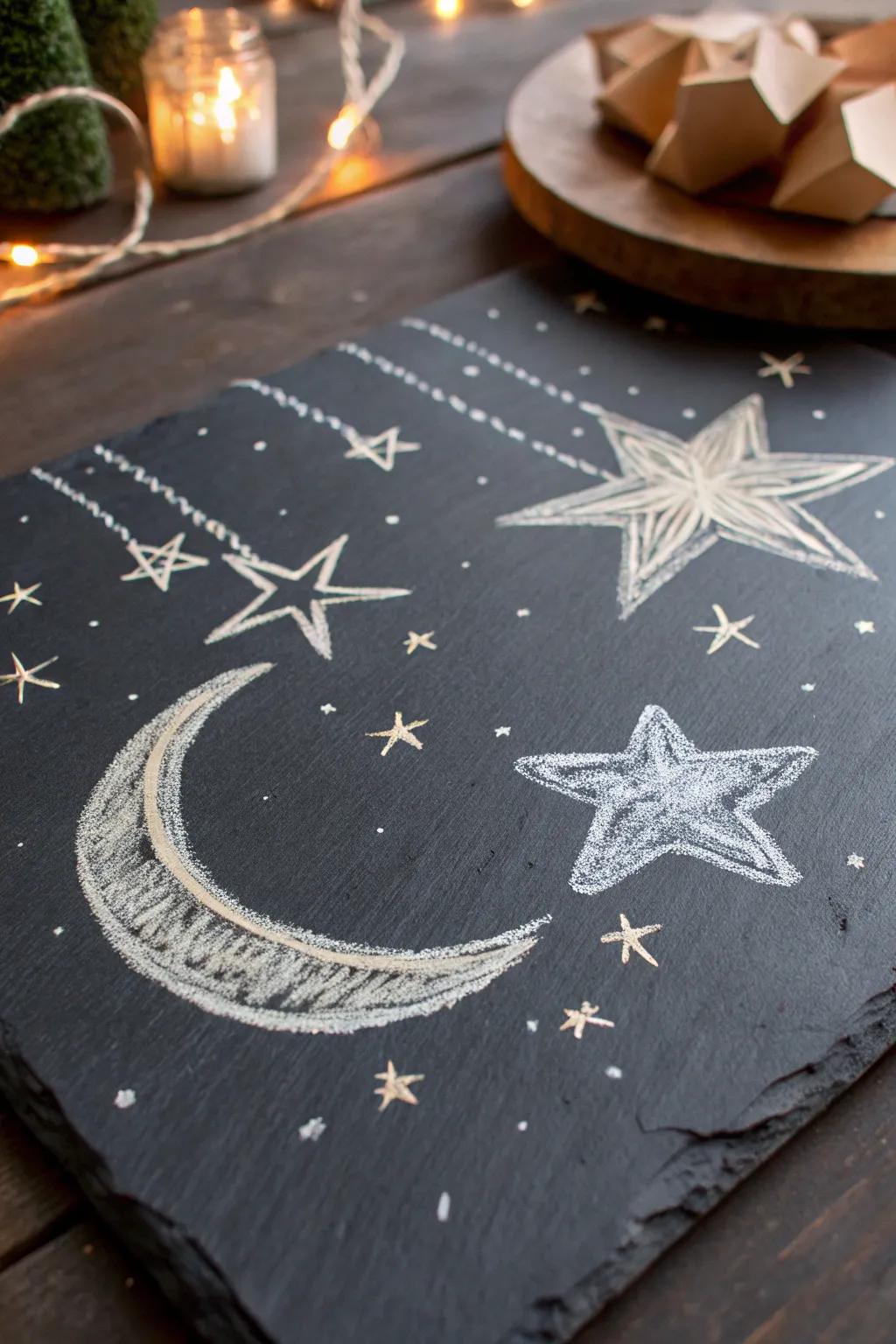 Transform your area into a serene night-time haven with this celestial chalk artistry.