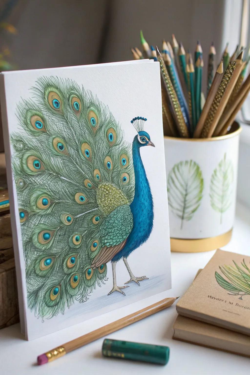 Embrace the grace and vibrant beauty of the pavo with this stunning colored pencil drawing!