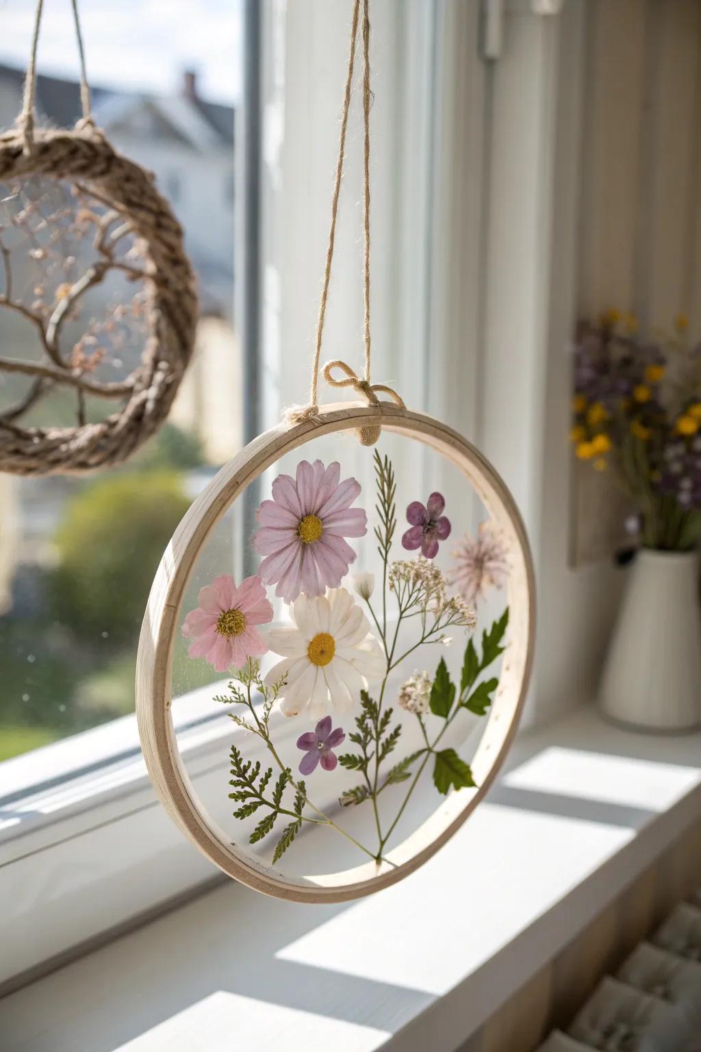 Bestow a fragment of nature's magic onto your abode with an enchanting enclosed blossom sun catcher. 🌼✨