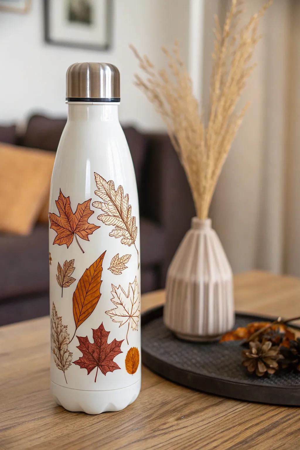 Embrace the snug ambience of autumn with an exquisitely crafted, foliage-adorned water bottle, quintessential for devotees of minimalist boho aesthetics.