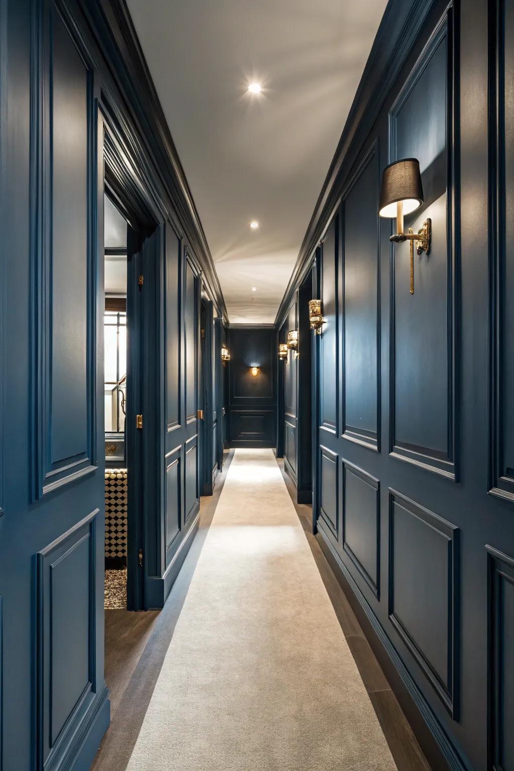 Deep azure paneling appends ageless elegance and profundity to the corridor.
