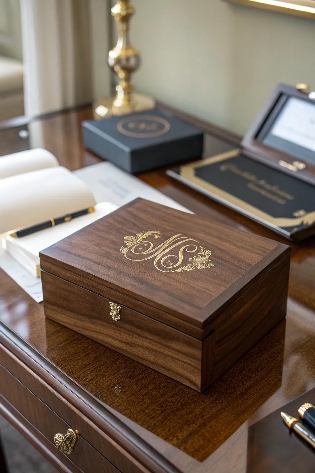 A customized monogrammed box, presenting a sophisticated aesthetic.