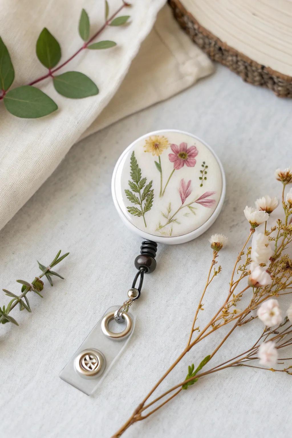 Embrace the beauty of nature with this elegantly crafted badge reel, where simplicity meets organic charm.