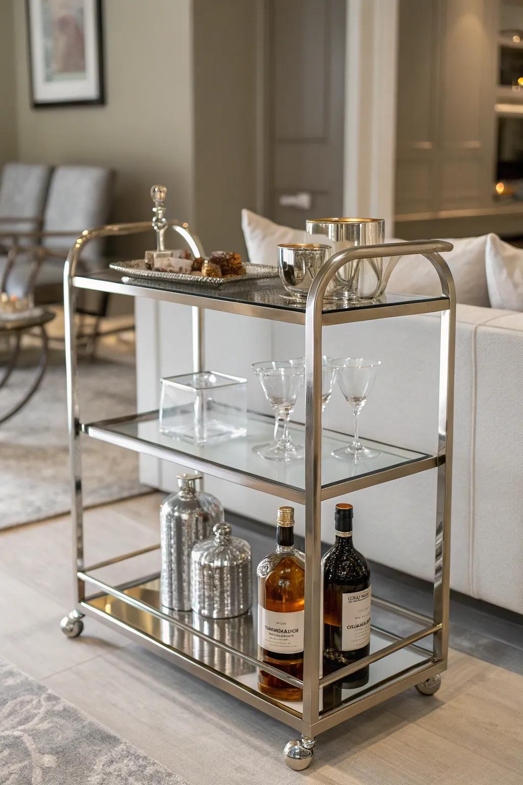Transform your space with this refined vitrine and metalwork drinks trolley—where craftsmanship converges with contemporary design.