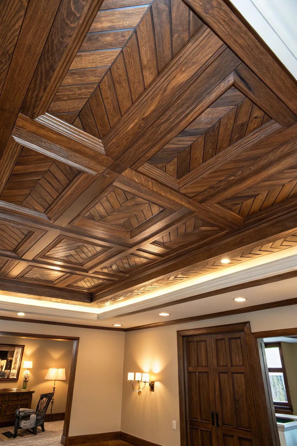 Elevate your area with the enduring charm of a DIY angled plank ceiling.