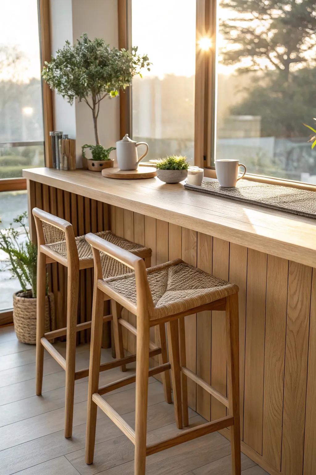 Begin your day with a hint of the outdoors and simplicity. Every morning is brightened with light and sophistication thanks to this window nook bar.