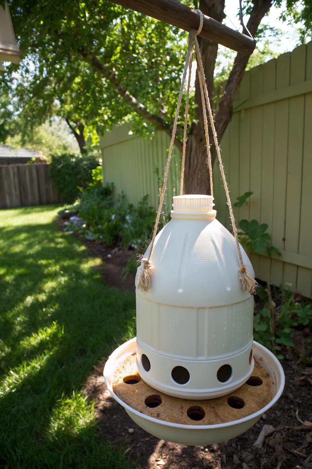 Improve your backyard with this stylish DIY hanging water jug feeder—where looks meet usefulness.