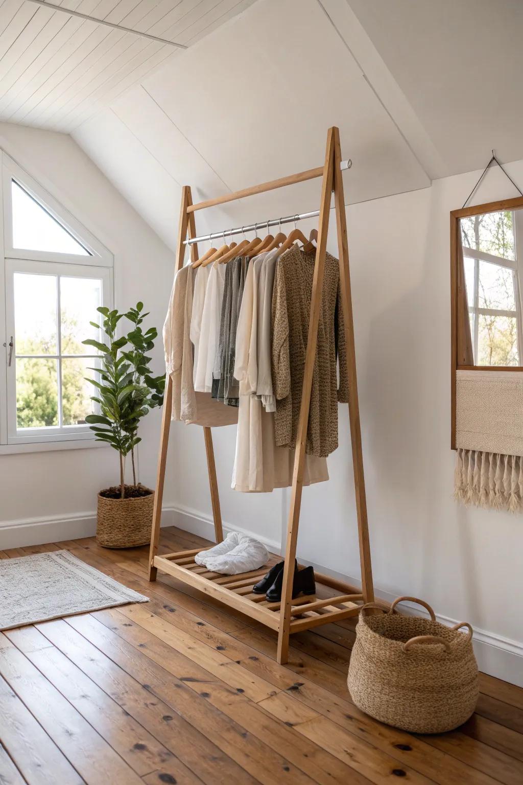 Enhance your abode with a breathtaking floor to summit garment stand that transmutes your wardrobe into an artful exposition.