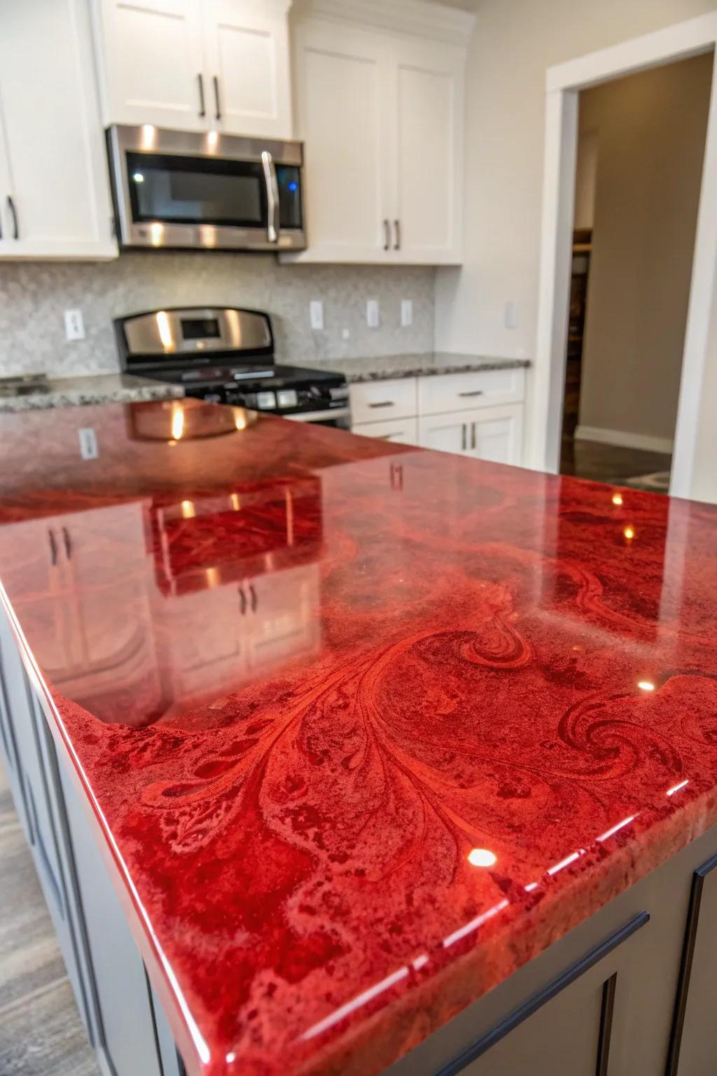 Renew your area with a striking crimson epoxy surface that showcases artistry and character.