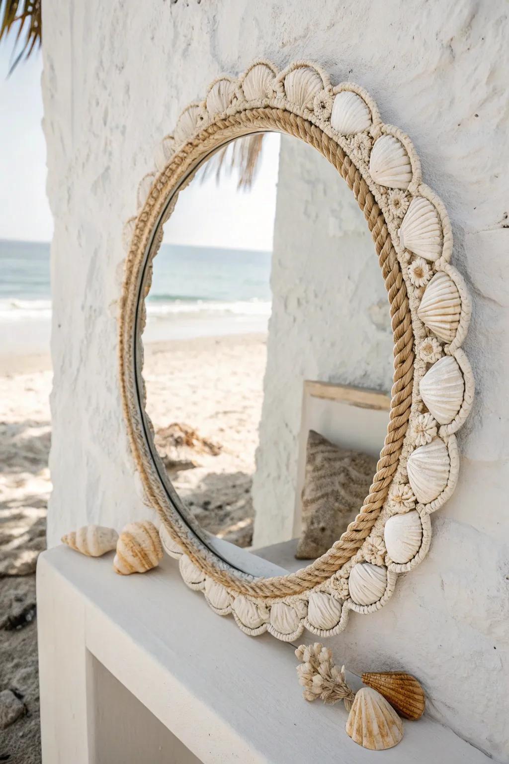 Revitalize your dwelling with a coastal allure: A seashell-adorned mirror surround that ushers the ocean's tranquility into your abode.
