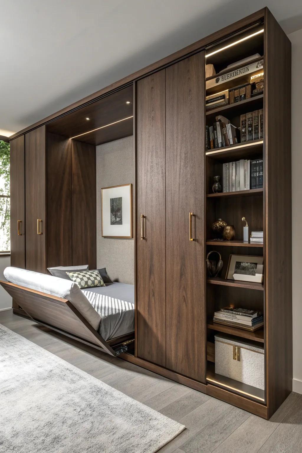 Discover the skill of arrangement with this stylish Murphy bed and its concealed storage marvels.